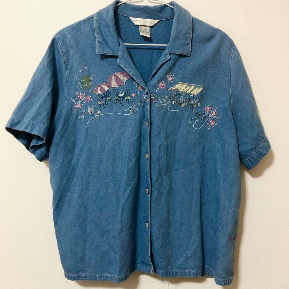 NAPA VALLEY embroidered and printed vintage jean cropped button down blouse